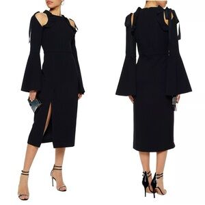 Rebecca Vallance Gigi Black Ruffle Cold Shoulder Midi Dress Size 2
